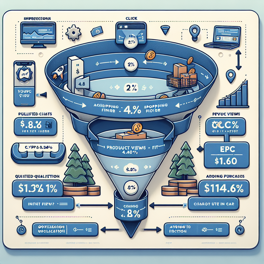 Diagram of the end-to-end funnel with CTR, CVR, AOV, EPC, and RPM annotated to show leverage points.