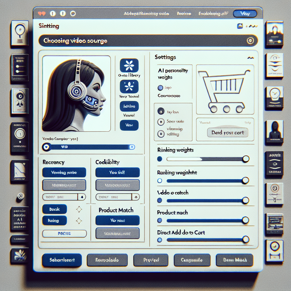 Configuration panel showing video sources, ranking weights, personality, and chat preview.
