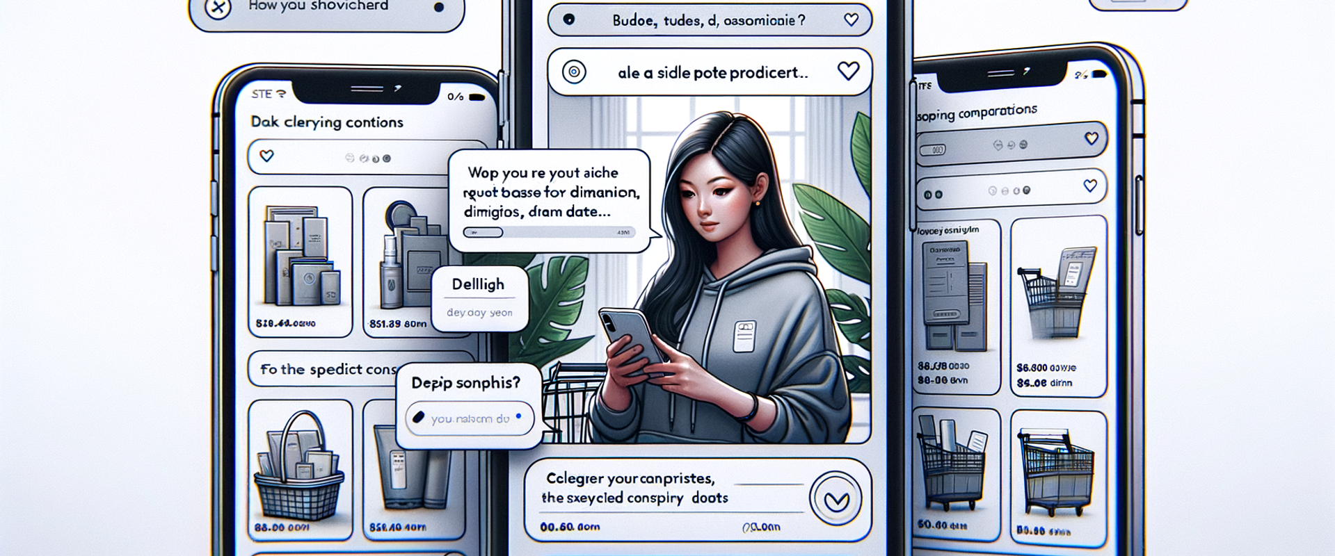 Storyboard of an agentic shopping flow from intent to cart with clarifying questions and comparisons.