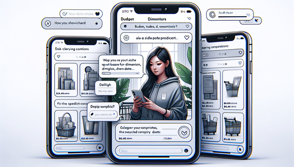 Storyboard of an agentic shopping flow from intent to cart with clarifying questions and comparisons.