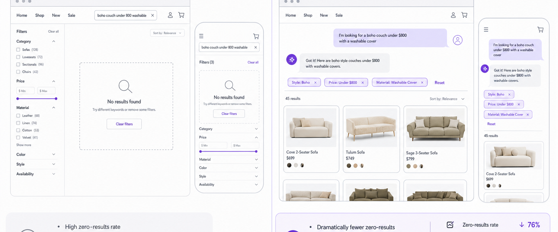 Side-by-side UX comparison: legacy keyword search vs conversational product discovery with applied filters and live-updating results.