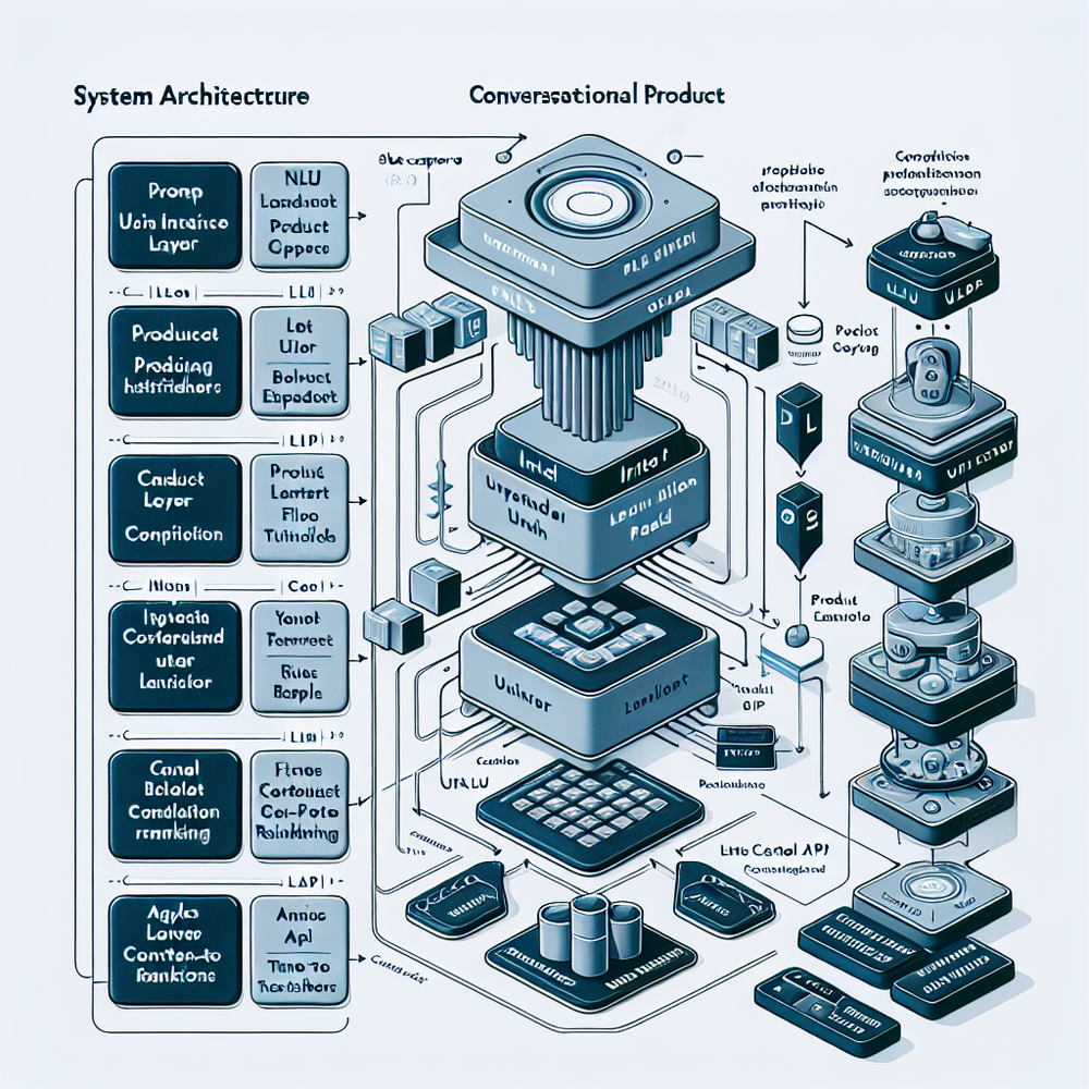 Architecture of a conversational prompt stack mapped to catalog, rules, analytics, and privacy components.