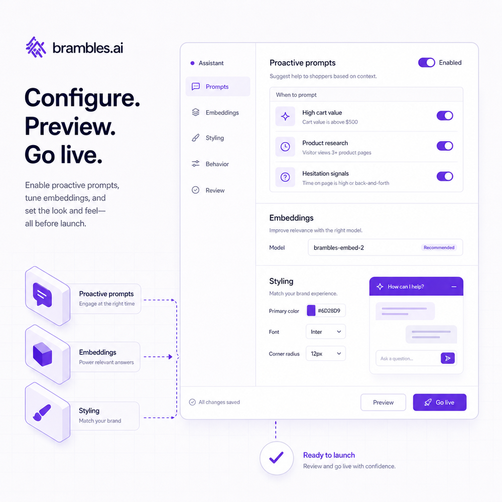 Configuration UI preview: enabling proactive prompts, embeddings, and styling before go-live.