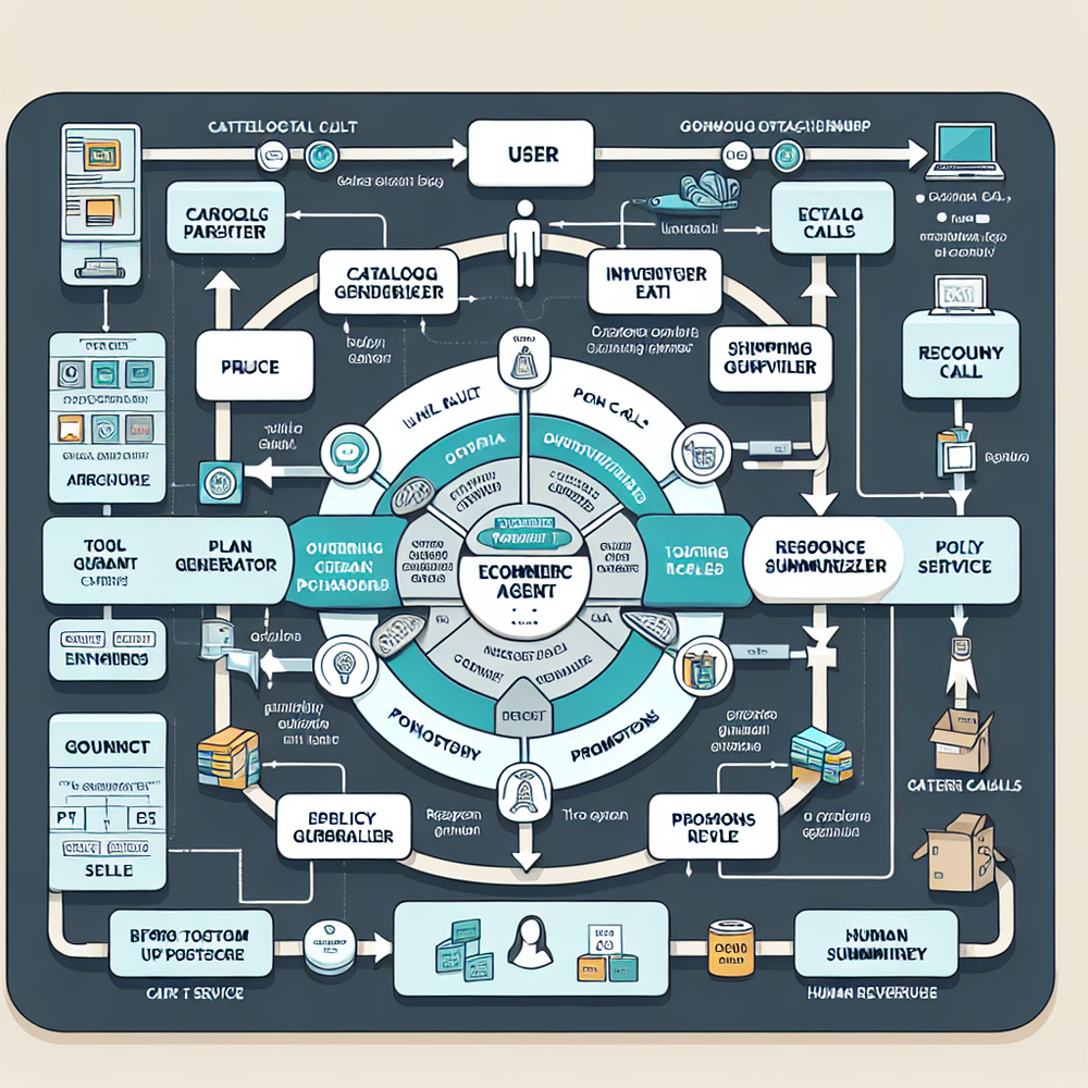 Architecture diagram of an agentic shopping stack with catalog, pricing, inventory, and guardrails.