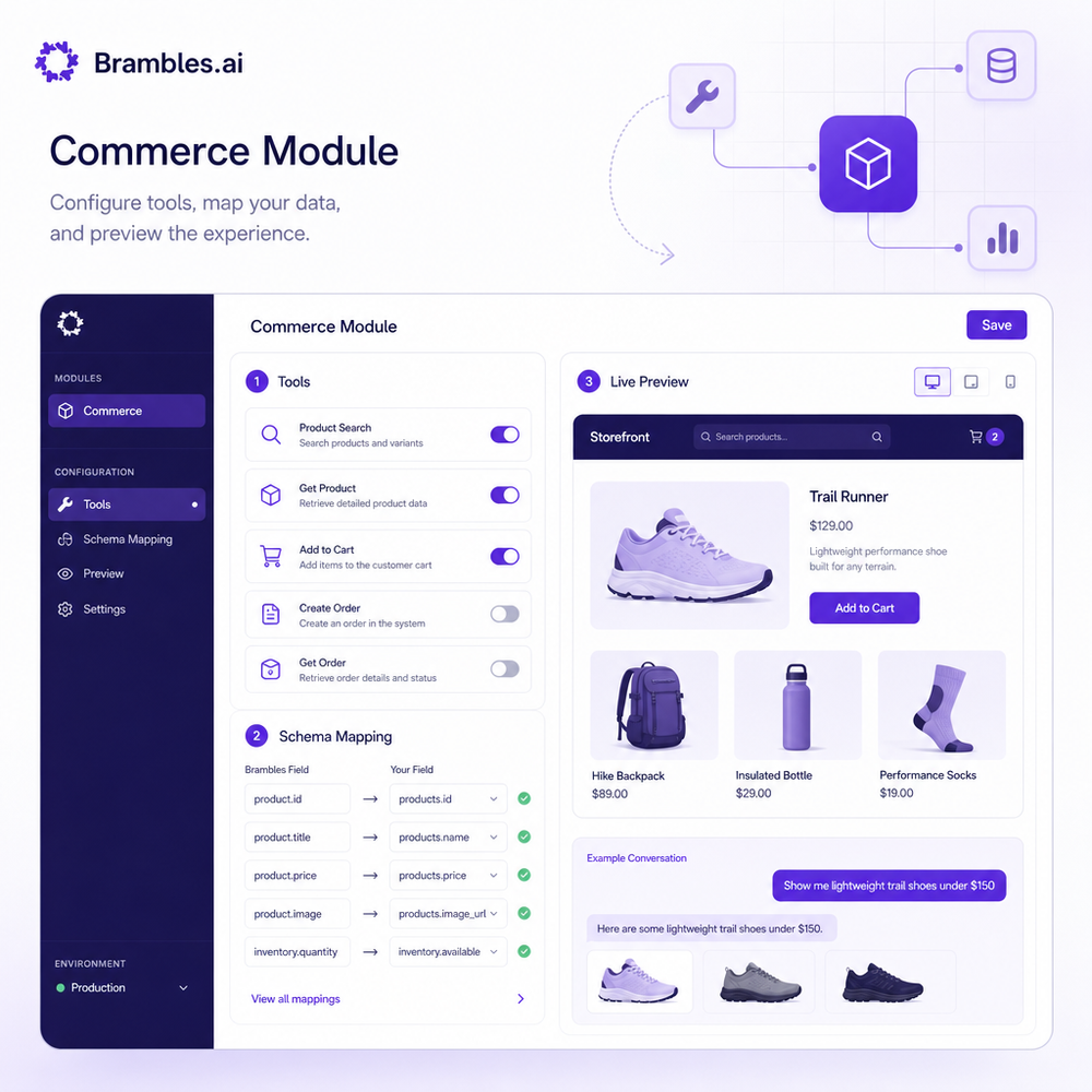 Commerce Module configuration screen showing tools, schema mapping, and a live preview.
