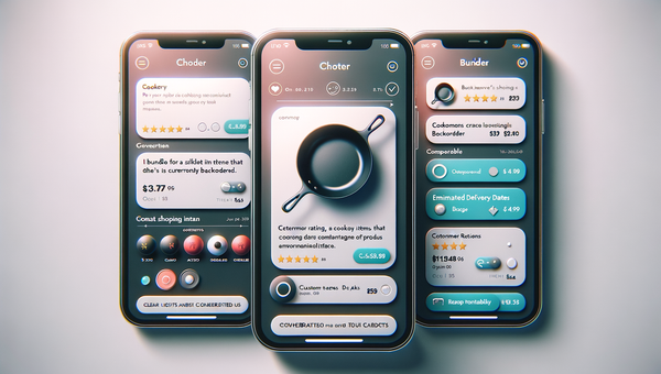 Mobile conversational cart UI with bundle suggestion, swap option, and alternatives comparison inside one thread.