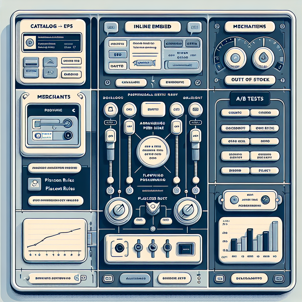 Publisher dashboard configuring inline embeds, chat placement, merchant settings, and affiliate IDs with live metrics.