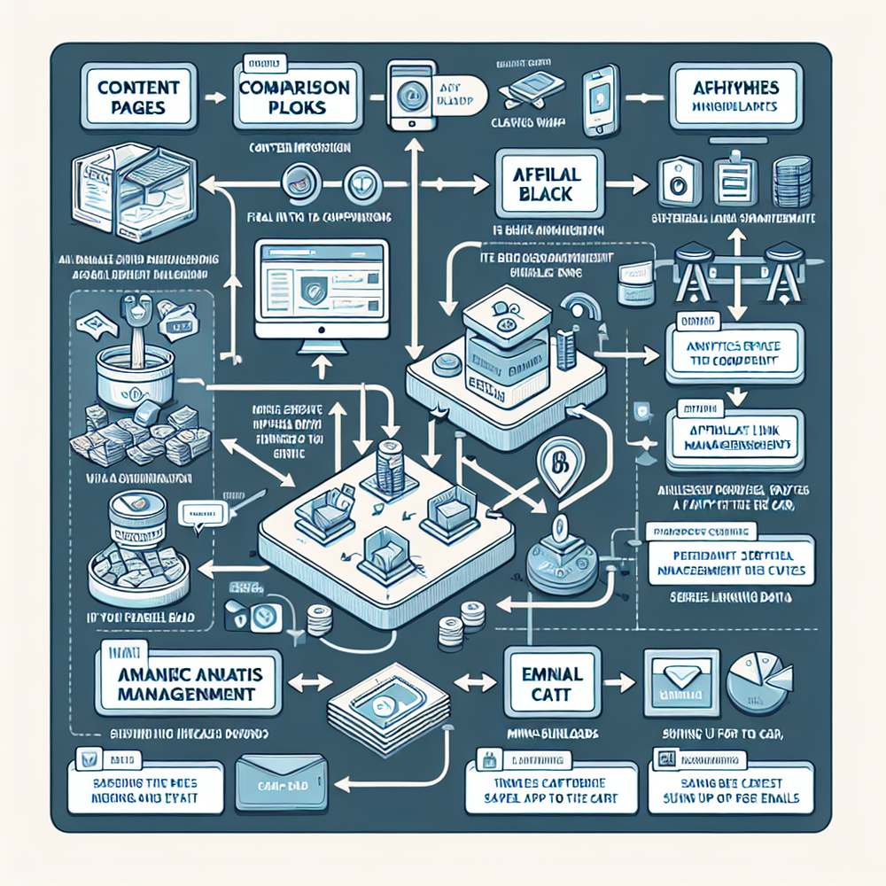 Architecture diagram of a content-to-commerce stack connecting comparison blocks, affiliate links, email capture, mini-cart, and analytics.