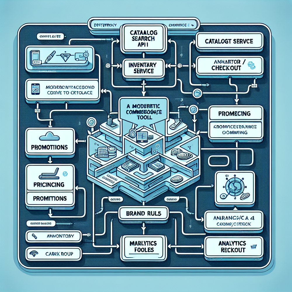 Architecture view of an agentic commerce assistant connected to catalog, inventory, pricing, and cart tools with policy guardrails.
