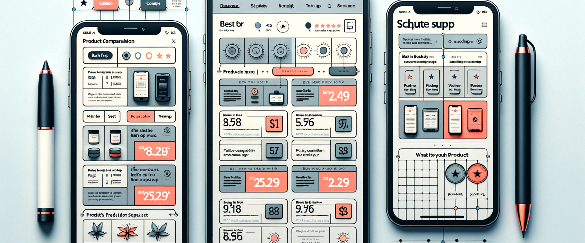 Annotated wireframe showing a high-converting product comparison page layout.