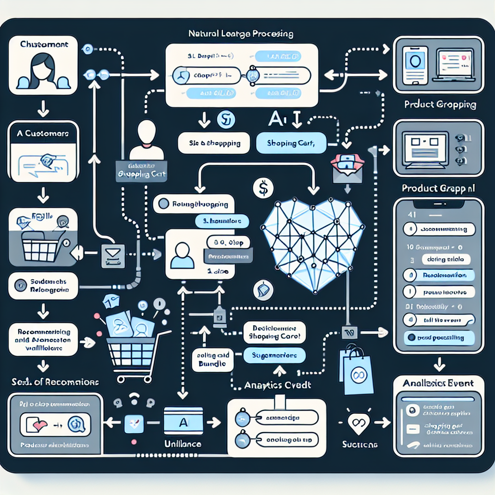 System diagram of an AI retail assistant mapping shopper intent to product recommendations and analytics.