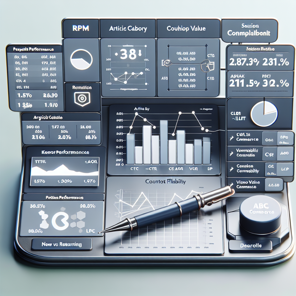 Analytics view tracking RPM, conversion metrics, and Web Vitals for AI commerce units versus control.