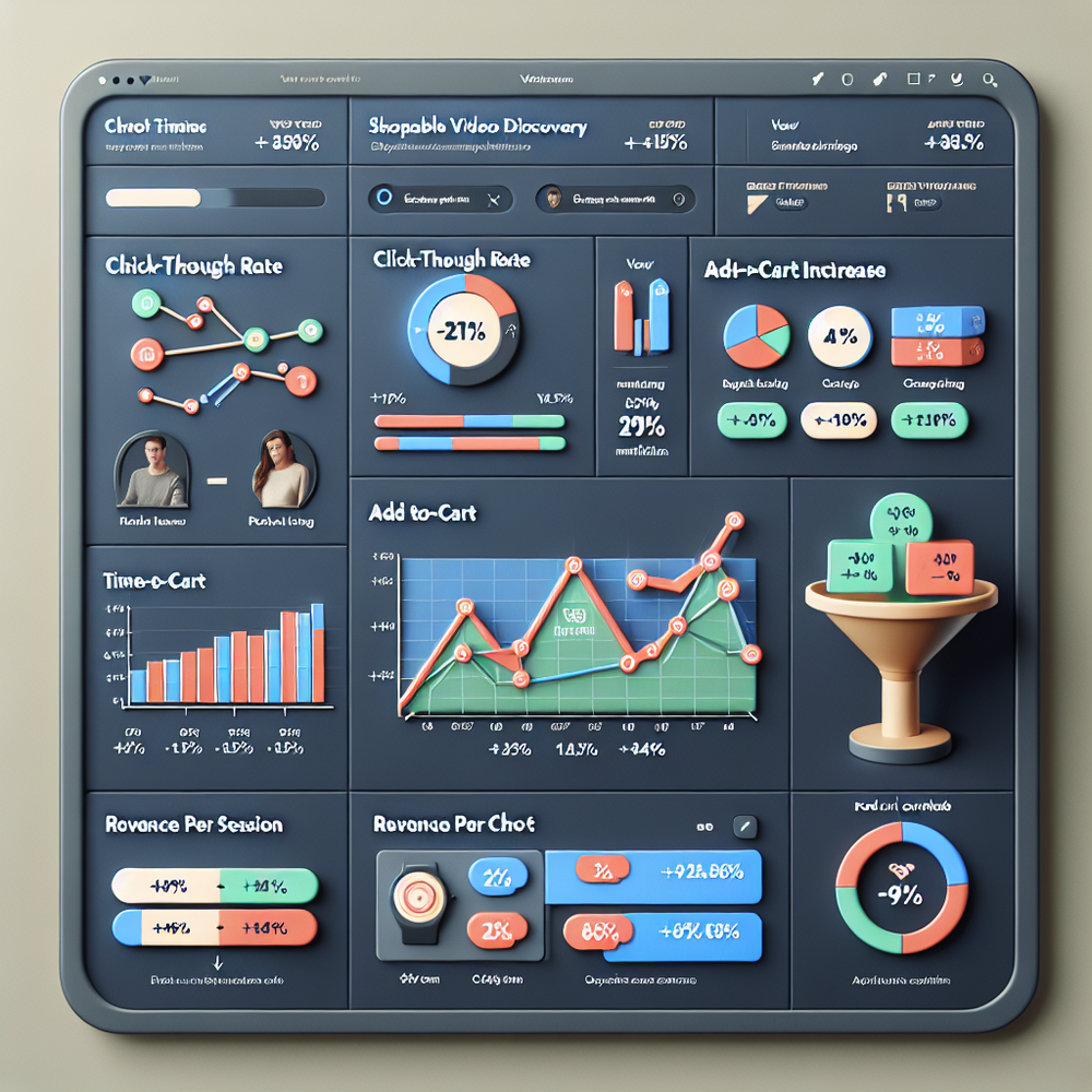 Analytics dashboard mockup comparing shoppable video discovery vs control, highlighting CTR, add-to-cart, time-on-page, and funnel steps.