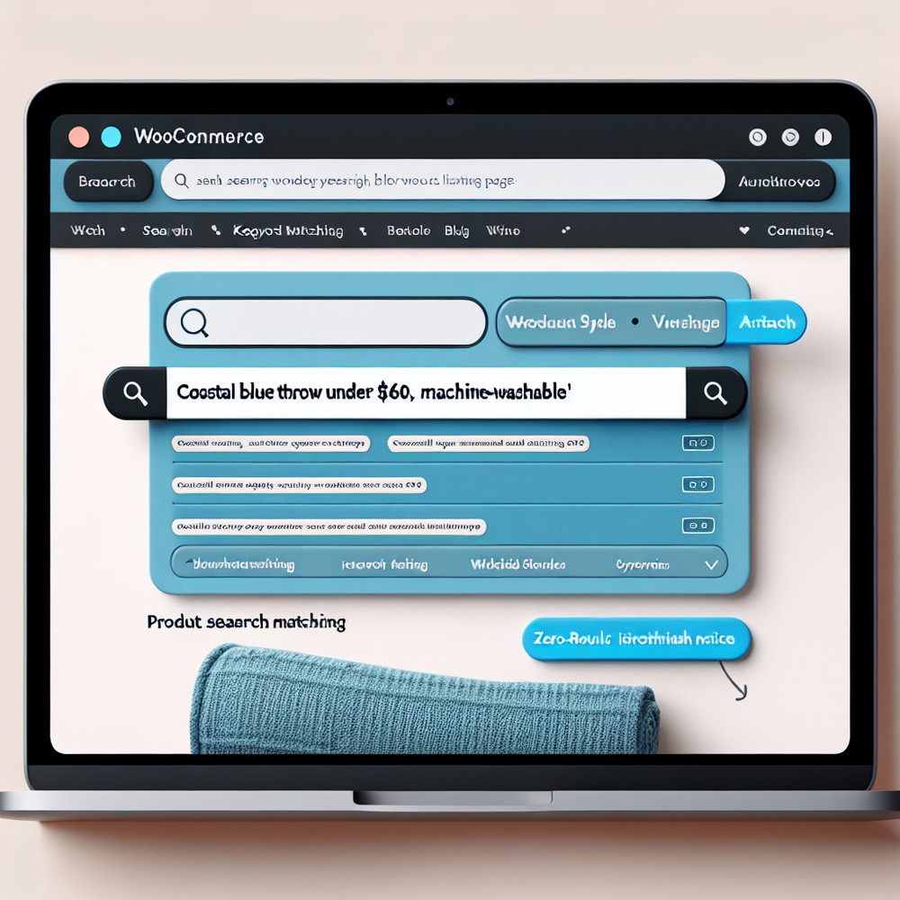 Annotated WooCommerce search mock illustrating language mismatch and zero results.