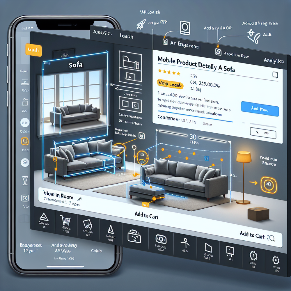UX flow: PDP to AR placement to add-to-cart, with iOS/Android labels and analytics events annotated.