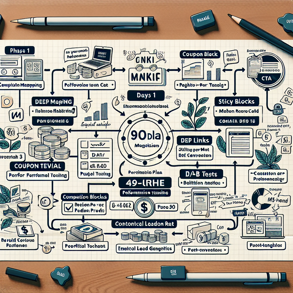 Three-phase 90-day roadmap highlighting CRO, email capture, and mini-commerce milestones with associated KPIs.