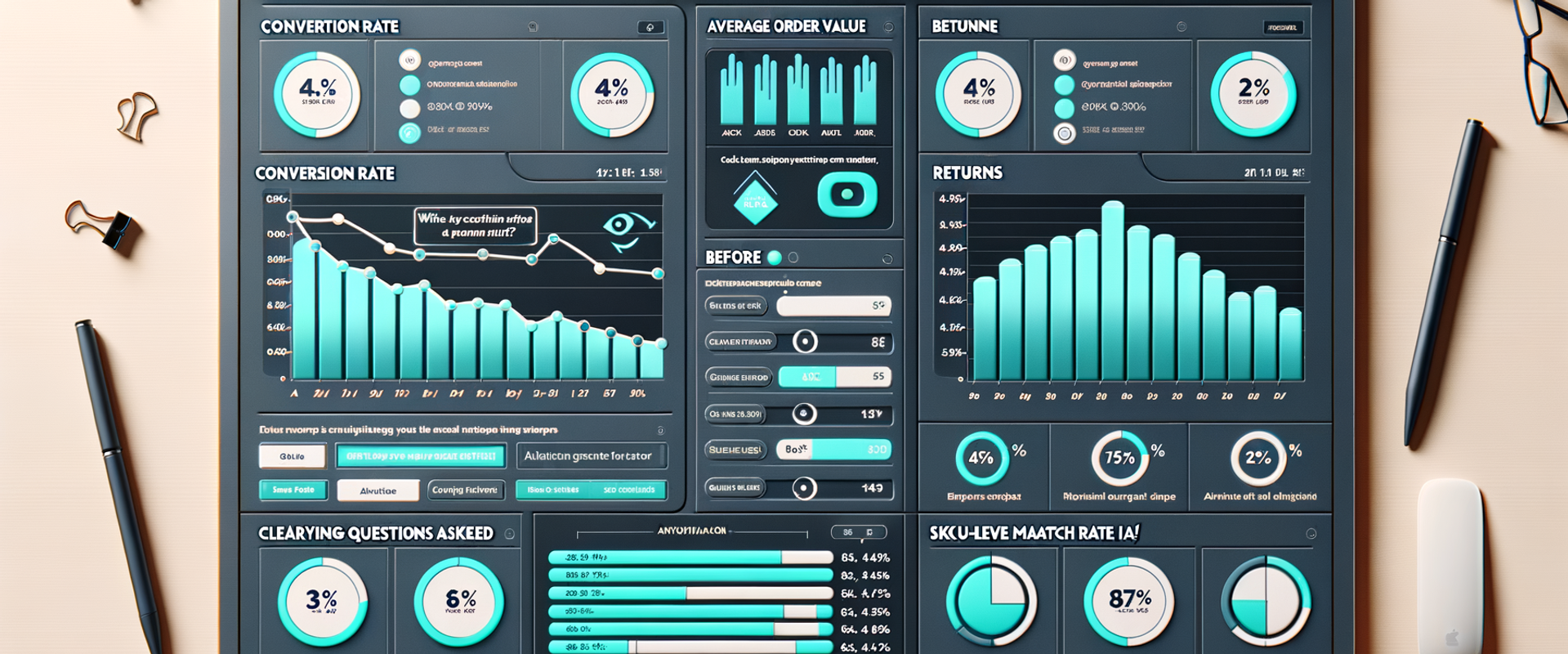 Comparison dashboard showing improvements from AI-assisted shopping across conversion, AOV, bounce, and returns.
