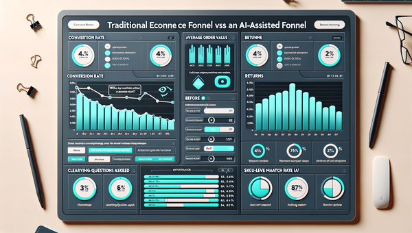 Comparison dashboard showing improvements from AI-assisted shopping across conversion, AOV, bounce, and returns.
