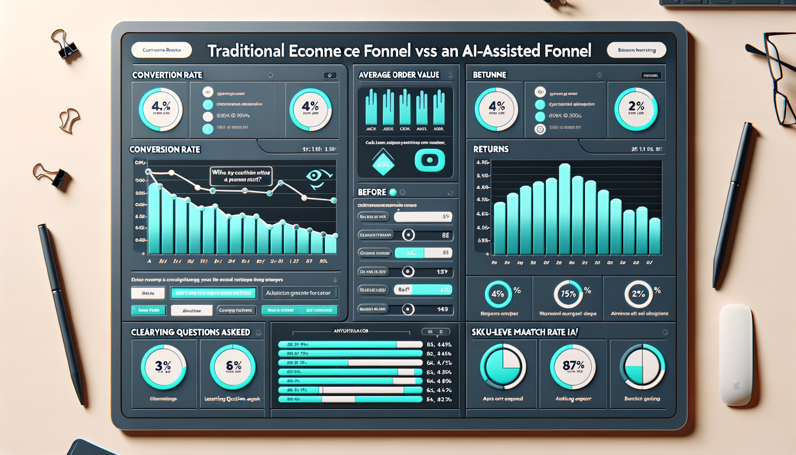 Comparison dashboard showing improvements from AI-assisted shopping across conversion, AOV, bounce, and returns.