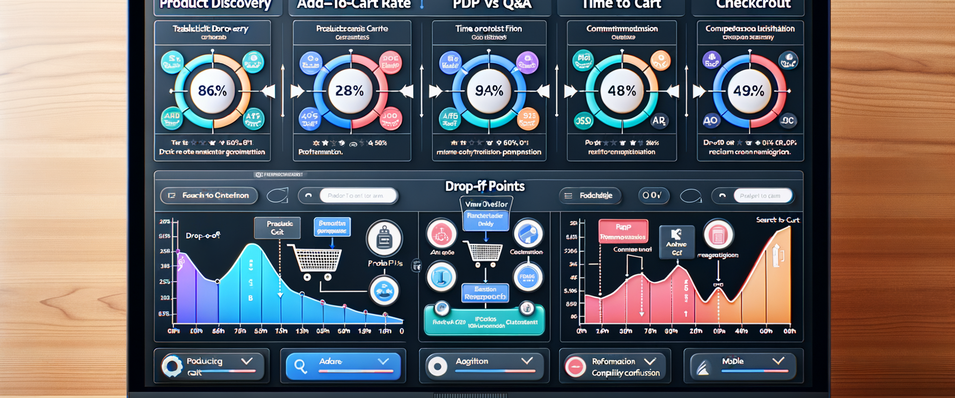 Analytics dashboard comparing traditional vs agentic funnel with drop-off annotations and KPIs.