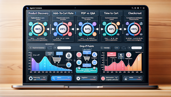 Analytics dashboard comparing traditional vs agentic funnel with drop-off annotations and KPIs.
