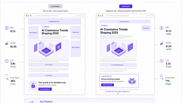 Annotated wireframe comparing static vs AI-adaptive page with metrics overlays.