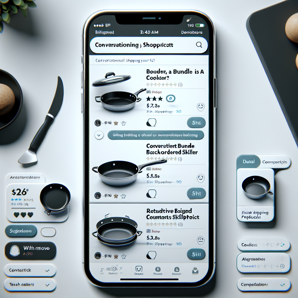 Mobile conversational cart UI with bundle suggestion, swap option, and alternatives comparison inside one thread.