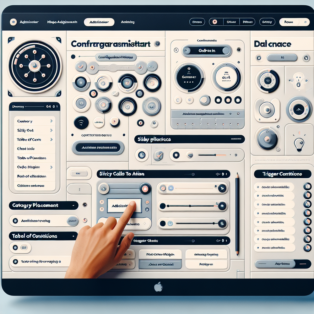 Admin UI mockup configuring category CTA, sticky chat triggers, TOC insert, and footer prompt with GA4 mappings.