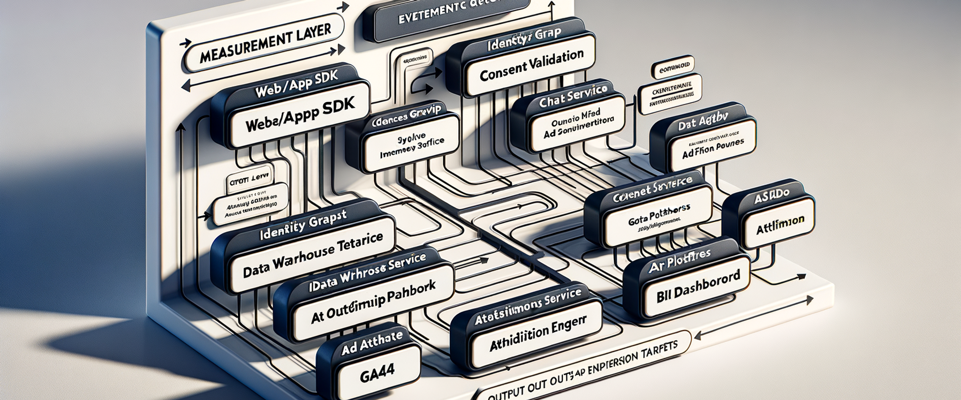 Architecture diagram of an agentic commerce measurement layer, from SDKs to gateway, identity, consent, warehouse, attribution, and reporting.