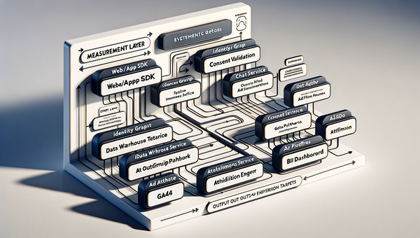 Architecture diagram of an agentic commerce measurement layer, from SDKs to gateway, identity, consent, warehouse, attribution, and reporting.
