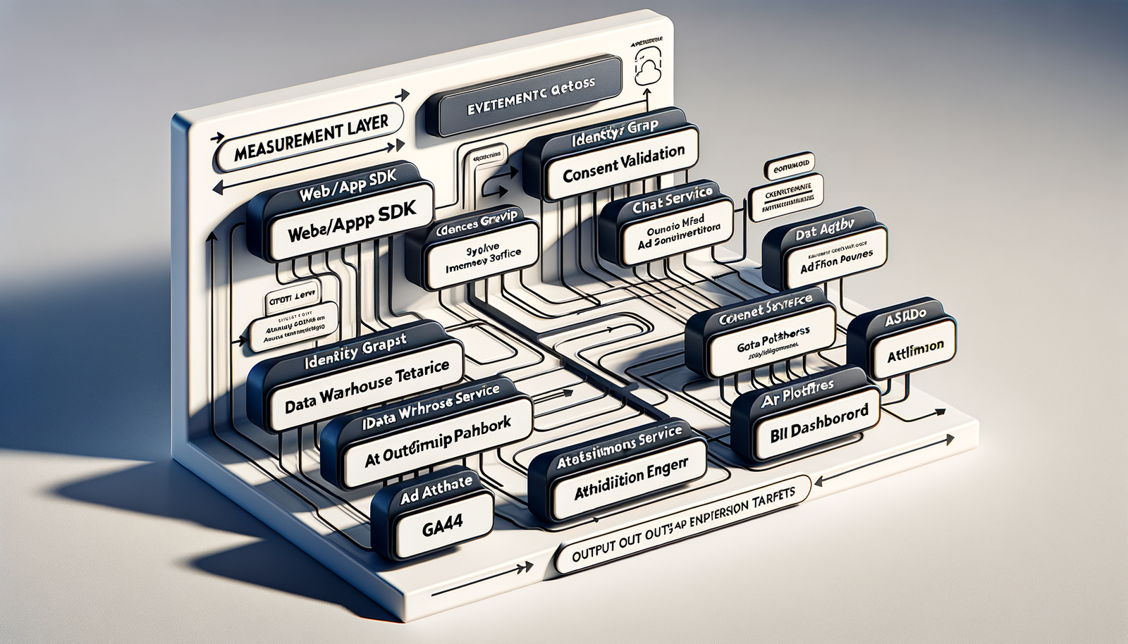 Architecture diagram of an agentic commerce measurement layer, from SDKs to gateway, identity, consent, warehouse, attribution, and reporting.