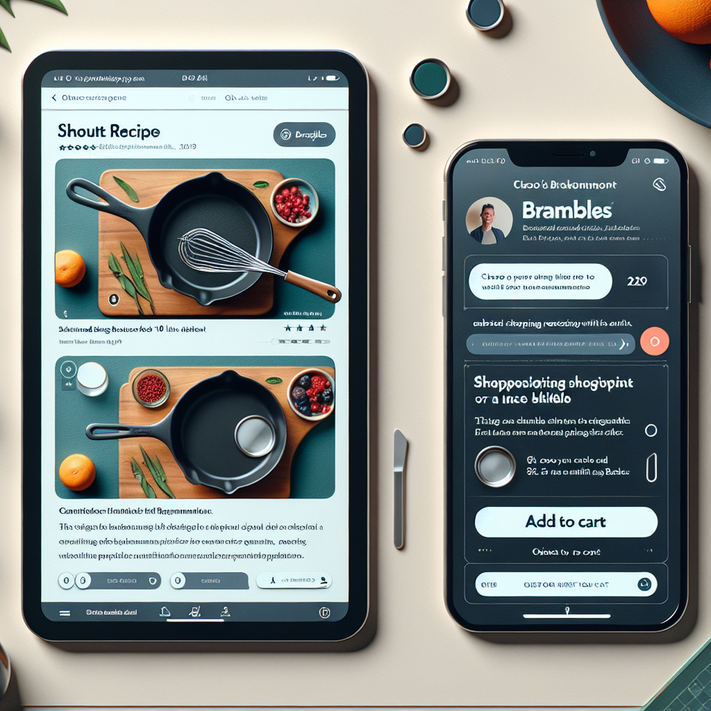 Storyboard of a publisher article with inline shopping and chat leading to add‑to‑cart.