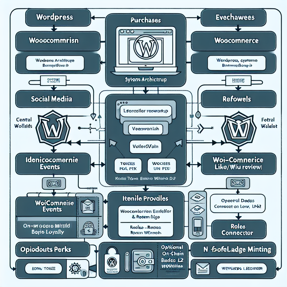 Token-optional loyalty architecture: WordPress, events, identity, ledger, rules, and perk outputs.