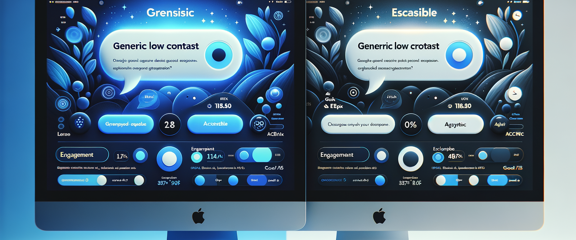Before-and-after assistant UI showing generic vs. branded colors, accessible contrast, and a clear disclaimer with analytics overlays.