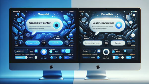 Before-and-after assistant UI showing generic vs. branded colors, accessible contrast, and a clear disclaimer with analytics overlays.