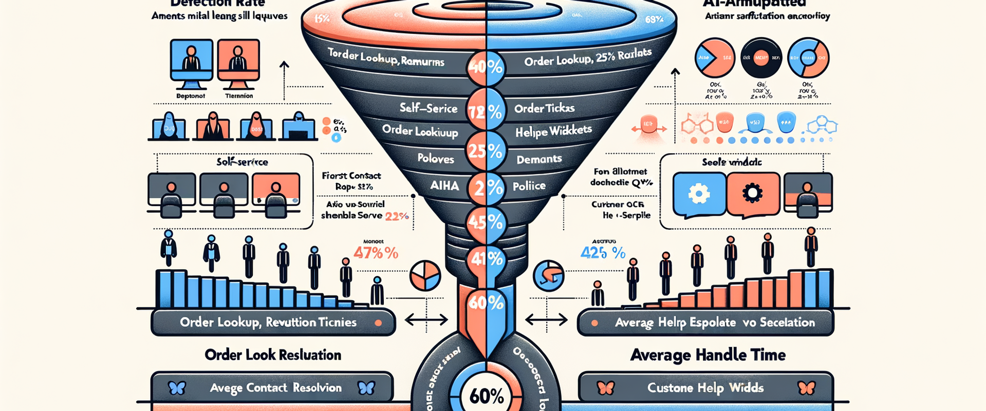 Before-and-after support funnel showing 60% AI deflection with labeled KPIs.