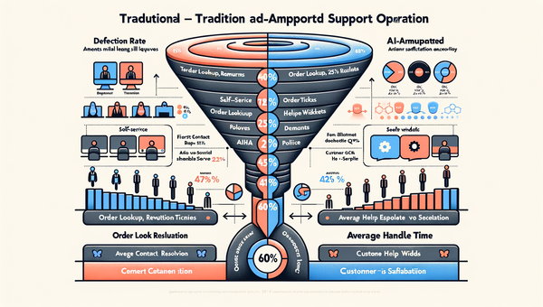 Before-and-after support funnel showing 60% AI deflection with labeled KPIs.