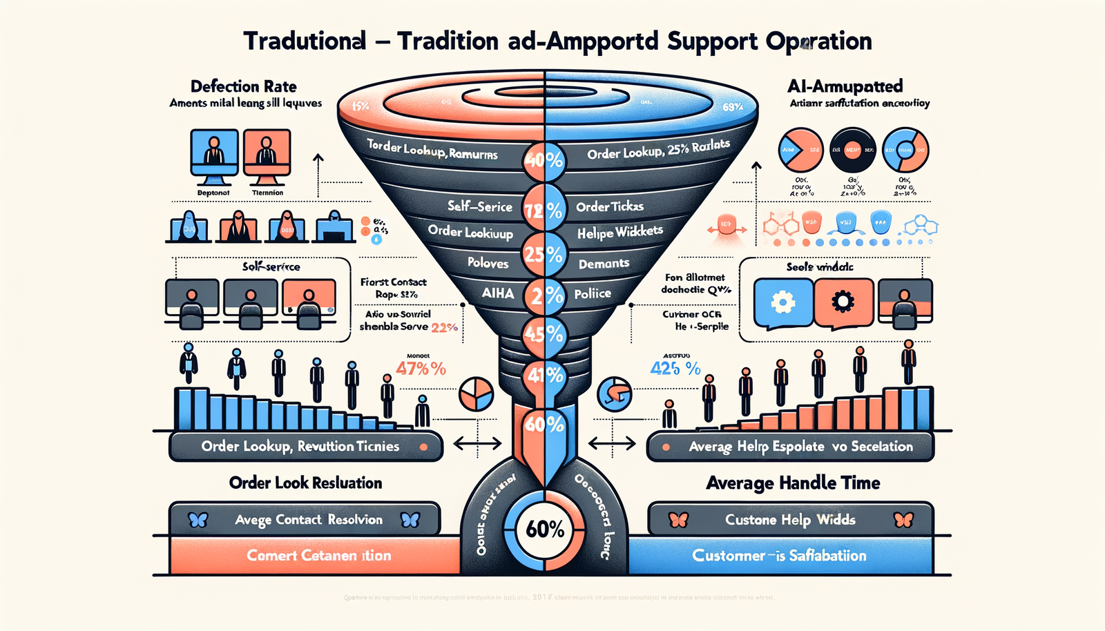 Before-and-after support funnel showing 60% AI deflection with labeled KPIs.