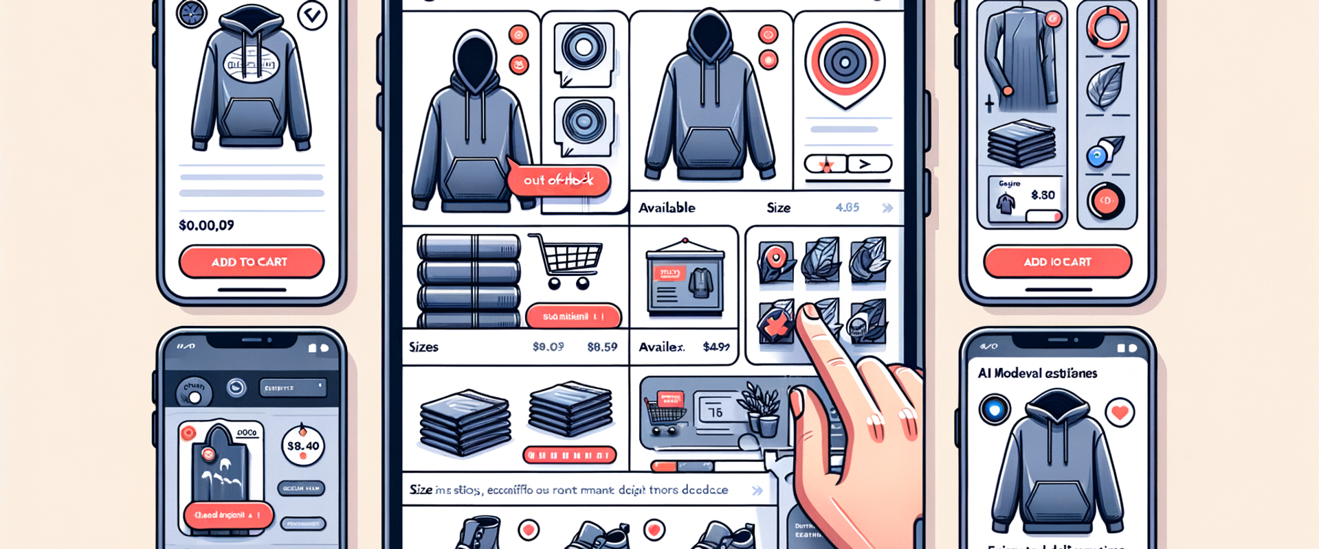 Storyboard of AI handling OOS: detect, suggest in-stock alternatives, and enable instant add-to-cart