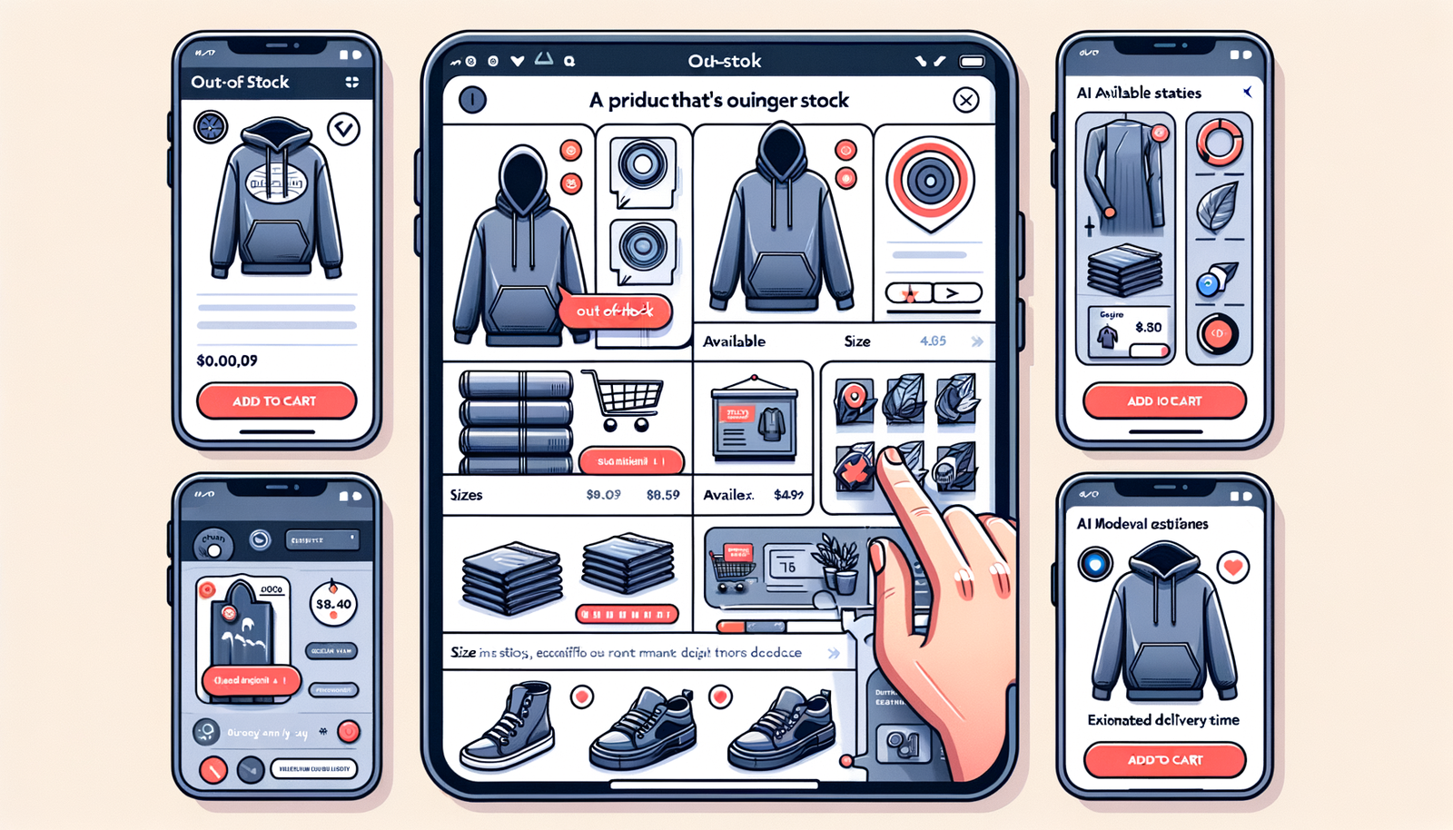 Storyboard of AI handling OOS: detect, suggest in-stock alternatives, and enable instant add-to-cart