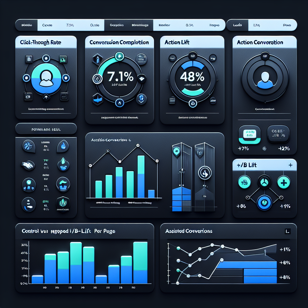 Analytics dashboard highlighting prompt CTR, completion, action yield, and revenue lift with A/B comparisons.