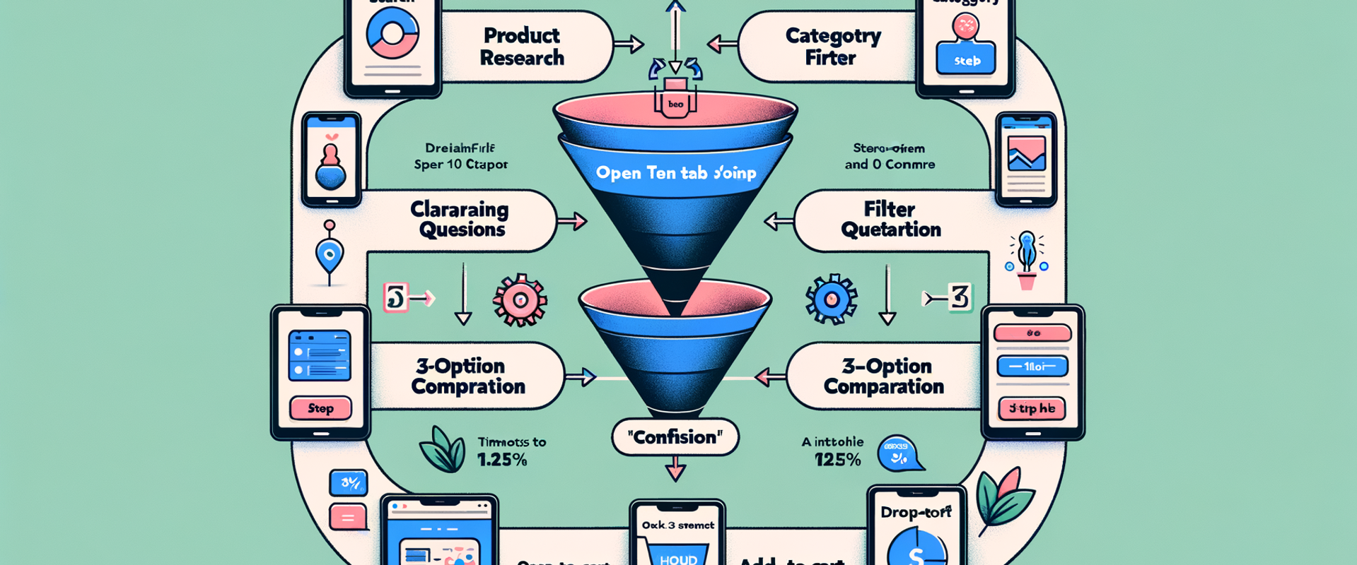 Before-and-after funnel: traditional research vs conversational assistant with reduced steps and drop-off.