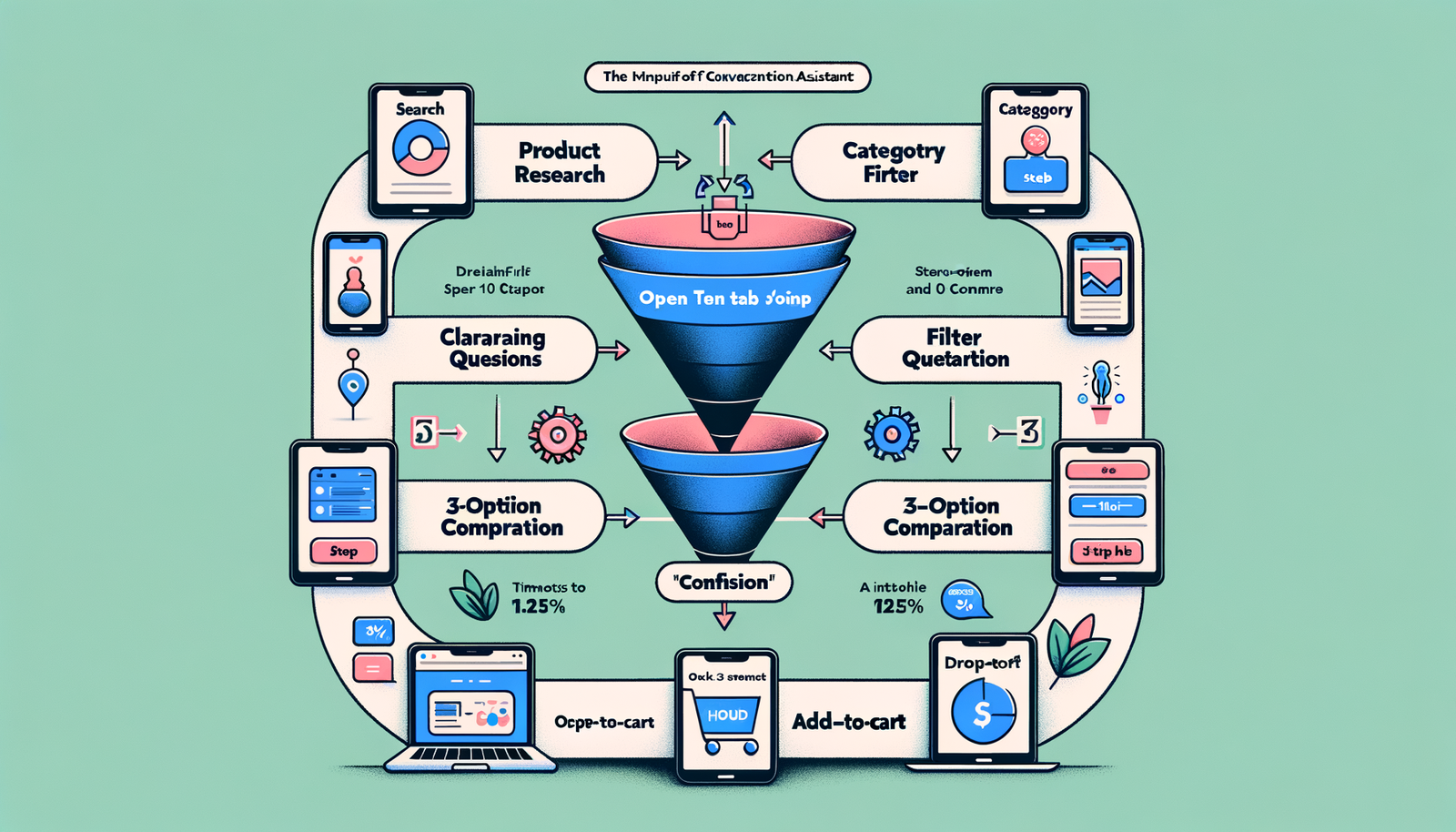Before-and-after funnel: traditional research vs conversational assistant with reduced steps and drop-off.