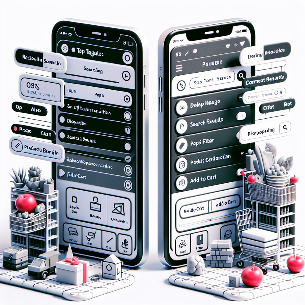 Comparison of cramped mobile web vs app-like PWA commerce flows with annotations.