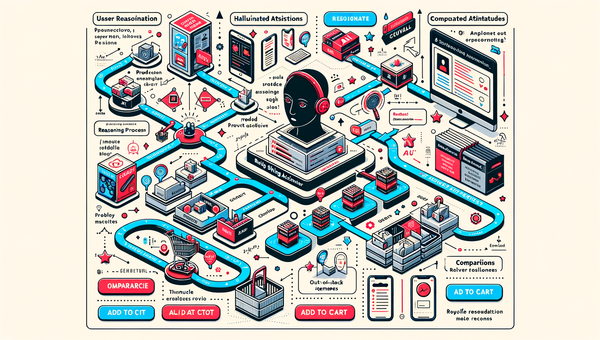 Diagram of an AI shopping assistant flow with key failure points highlighted.