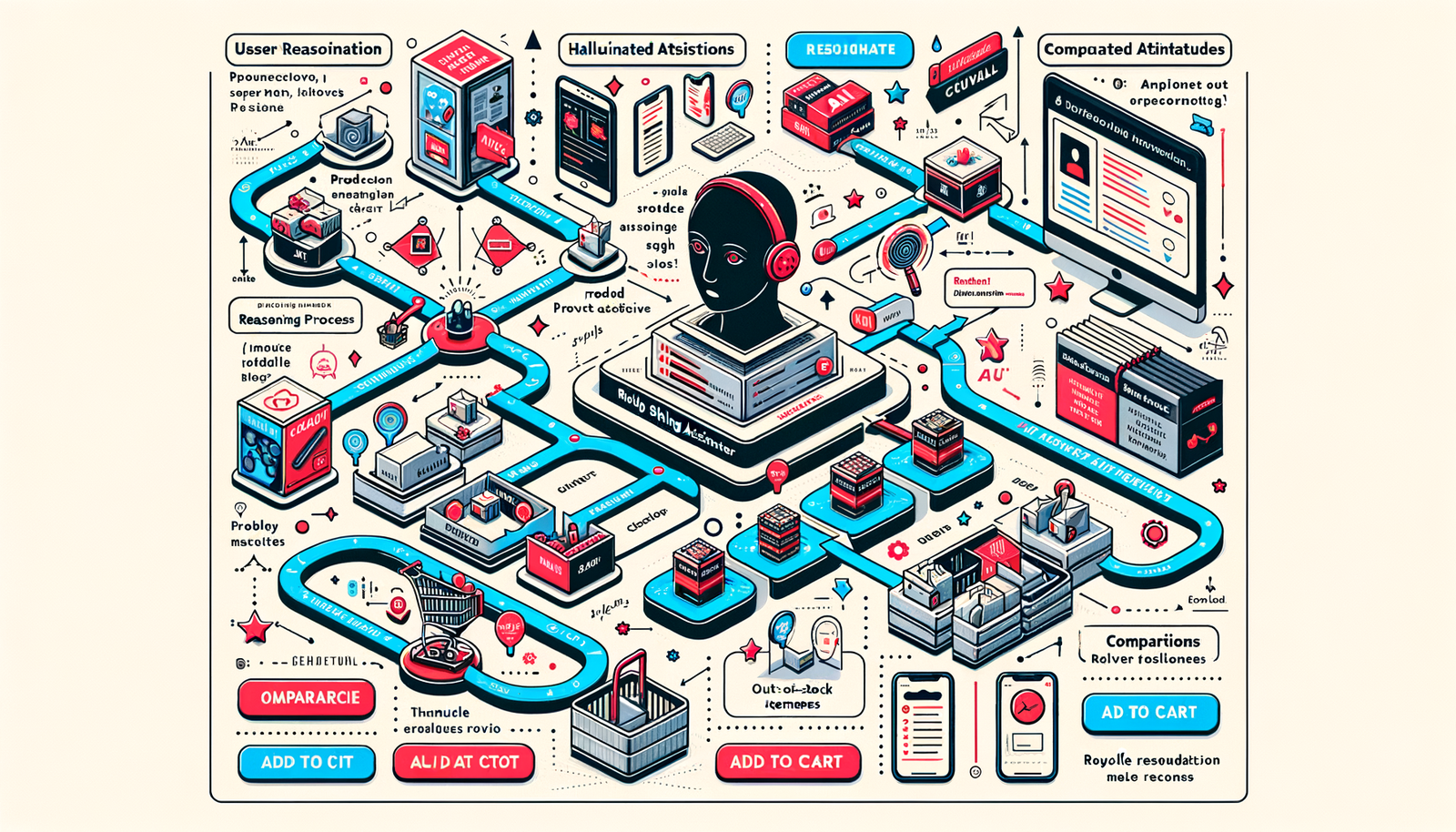 Diagram of an AI shopping assistant flow with key failure points highlighted.