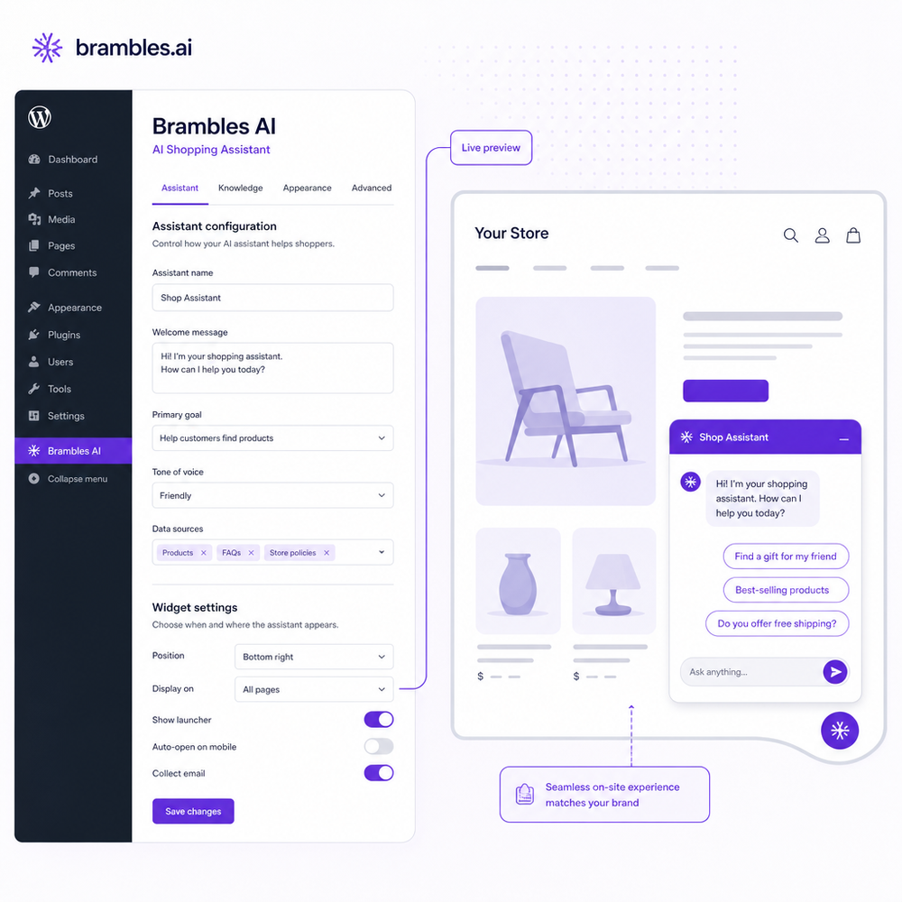WordPress plugin settings for configuring an AI shopping assistant and previewing the on-site widget.