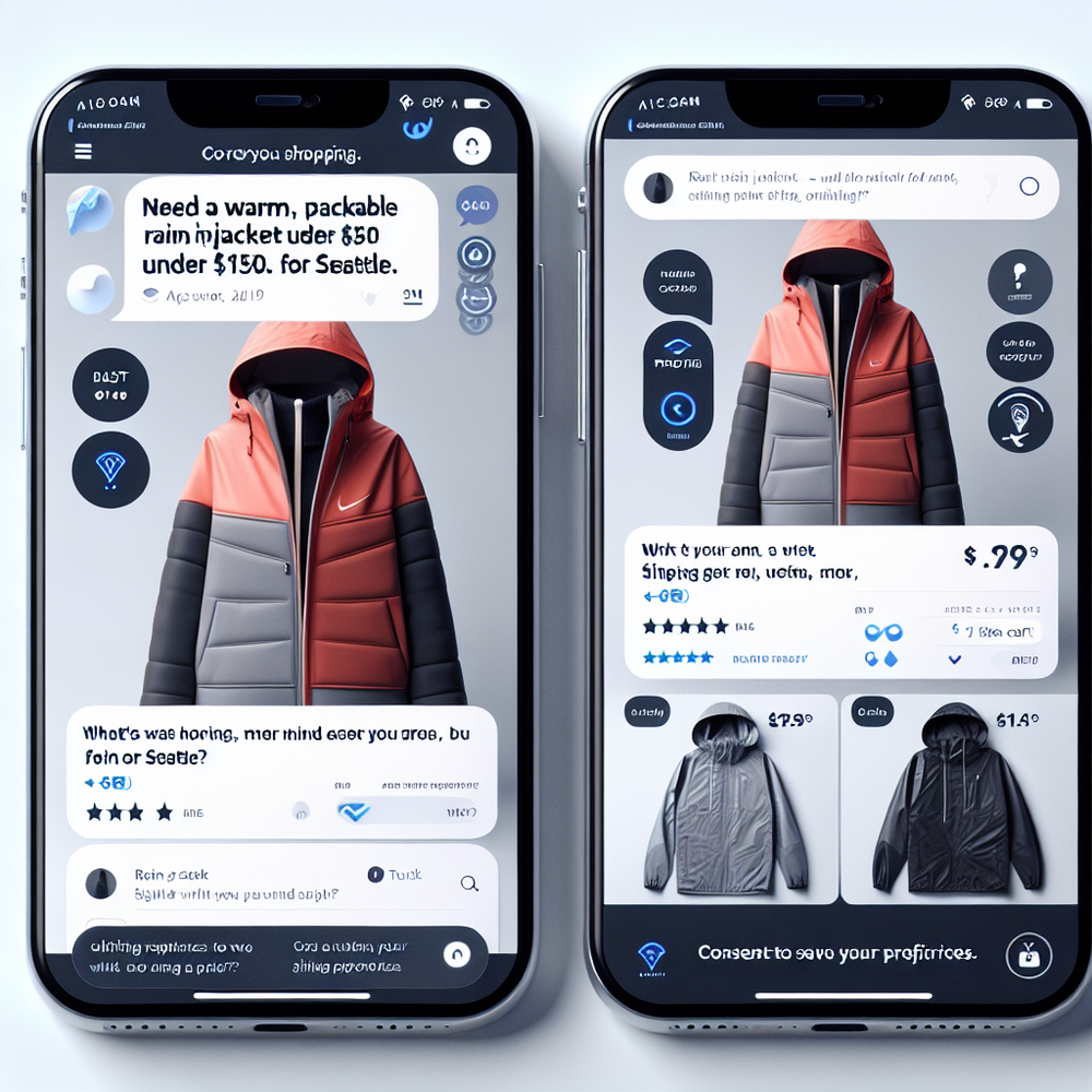 Mobile agentic shopping flow with clarifying question and product picks.