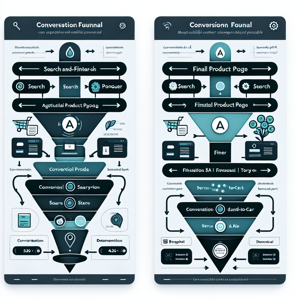 Side-by-side funnel: traditional filters vs. conversational AI with try-on and direct add-to-cart.