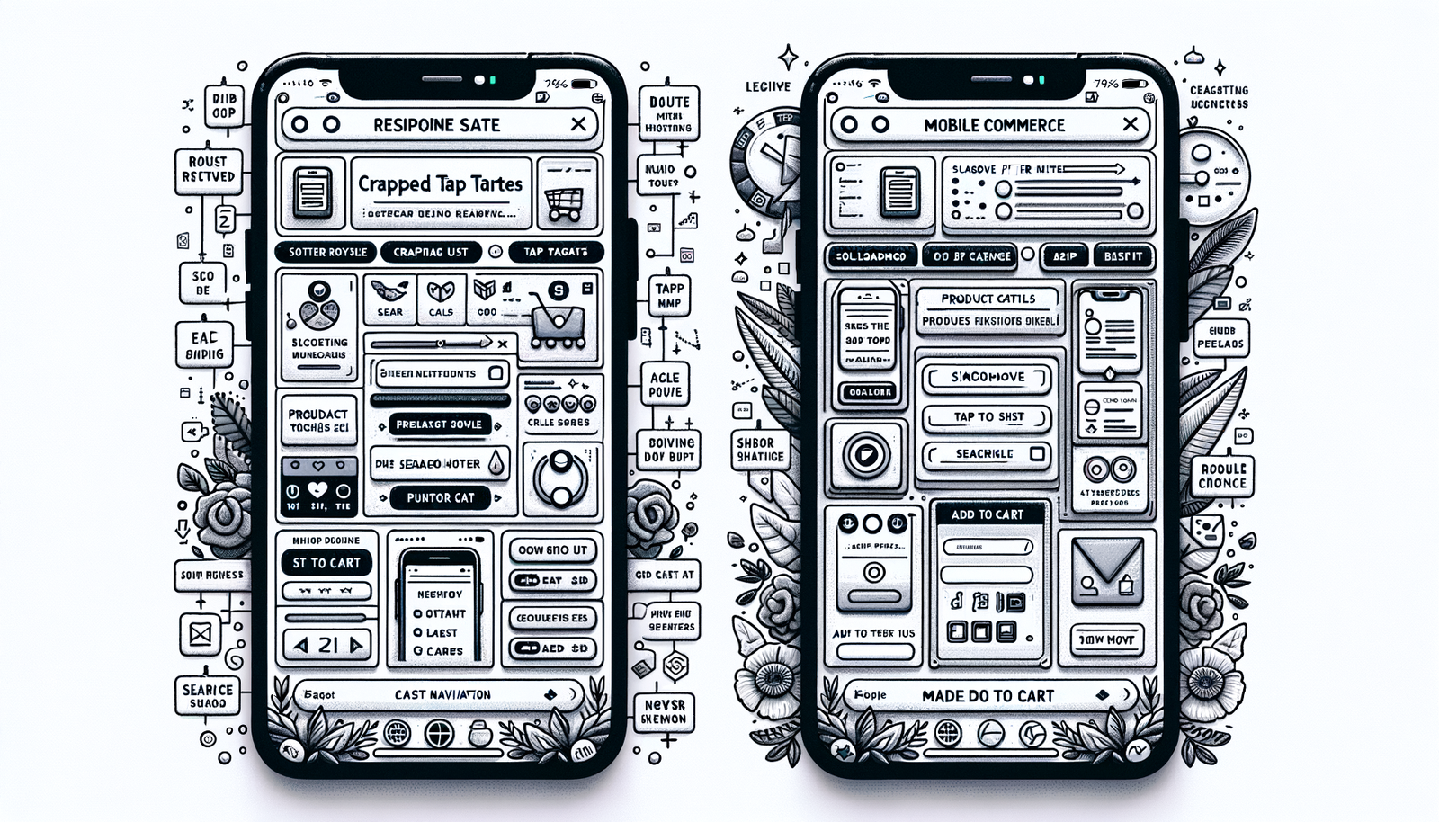 Comparison of cramped mobile web vs app-like PWA commerce flows with annotations.